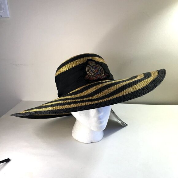 Vintage NEW Whittall & Shon Gold/Black Striped Wide Brim Straw Hat